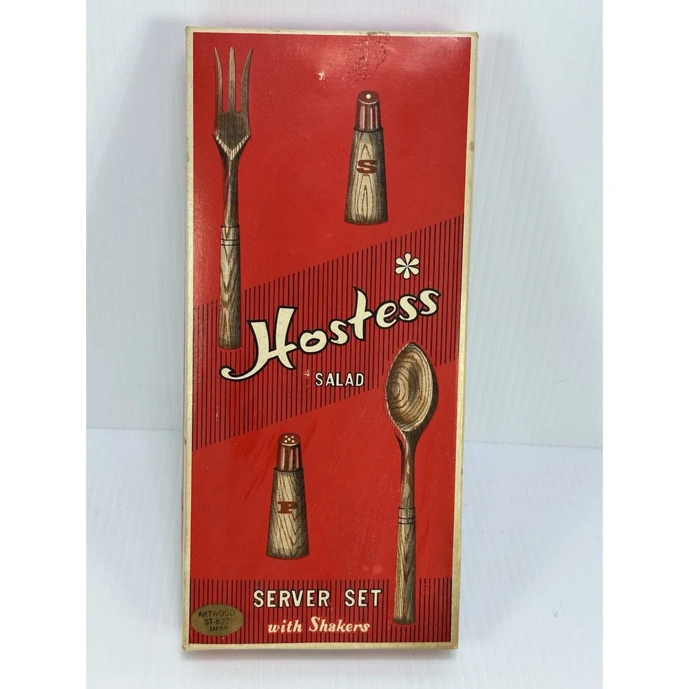 Vintage MCM Hostess Salad Server Set Shakers Salt Pepper Japan Artwood NIB‎